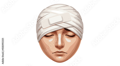 Illustration of a person with closed eyes and a white bandage wrapped around their head in detail on transparent background