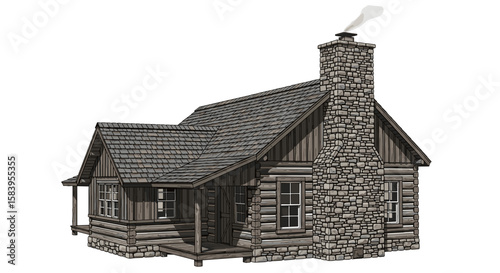 Illustration of a log cabin with a stone chimney and smoke coming from the top against white background on transparent background