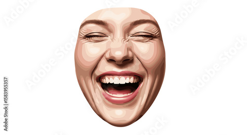 A woman's face showing extreme emotion with closed eyes and an open mouth revealing teeth and tongue clearly on transparent background