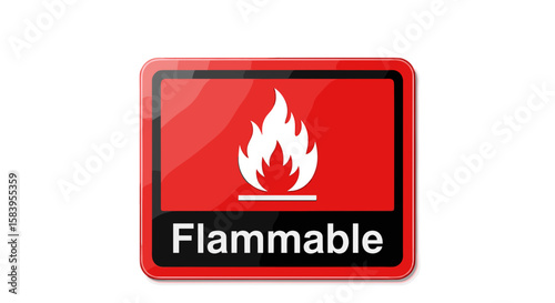 A red rectangular sign with a white flame symbol and the word flammable indicating a fire hazard warning on transparent background