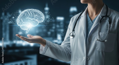 A doctor holds a digital brain illustration, representing advancements in neurological research and healthcare