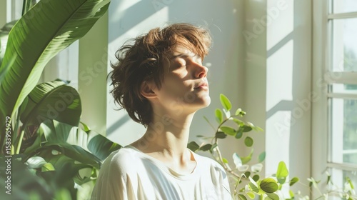 A person with short, wavy hair stands with their eyes closed, taking a deep, calming breath in a room filled with sunlight and lush green leaves, embodying peace and tranquility