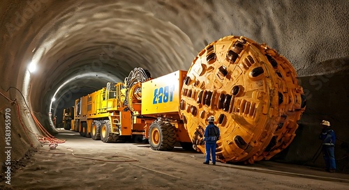A large tunnel boring machine shown inside a newly constructed tunnel with two engineers present.