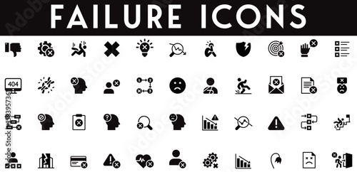 Failure Icons set vector illustration with collection of loss, downward, revenue drop, minus balance, decline bar, shutdown, warning, broken chain, staff exit, finance risk, debt chain, frustration