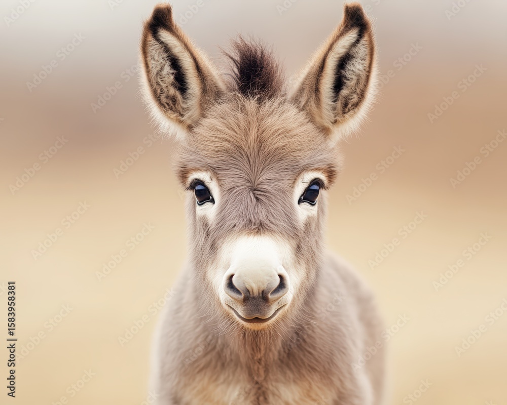 Obraz premium A close-up portrait of a young donkey with large ears and soft, fluffy fur against a blurred beige background.