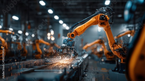 The robotic arm operates in a high-tech manufacturing environment, creating sparks.