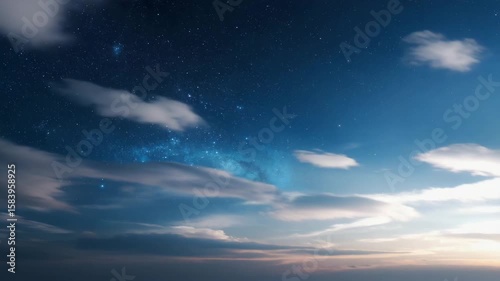 A Stunning Twilight Sky Filled with Stars and Wispy Clouds, Capturing the Beauty of the Night Over a Vast Horizon in a Serene Atmosphere