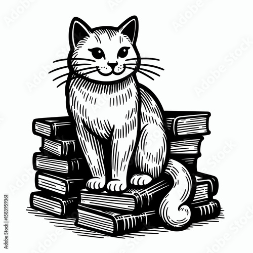 Cat sitting on stacked books