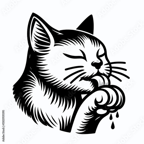 Cat licking paw