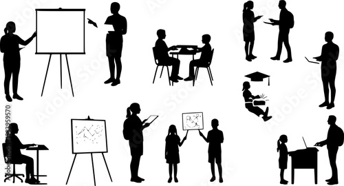 Set of teacher and student silhouette interactions, educational concept vector with children and adults in various learning scenes
