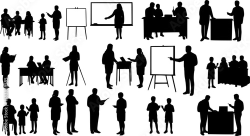 Set of teacher and student silhouette interactions, educational concept vector with children and adults in various learning scenes