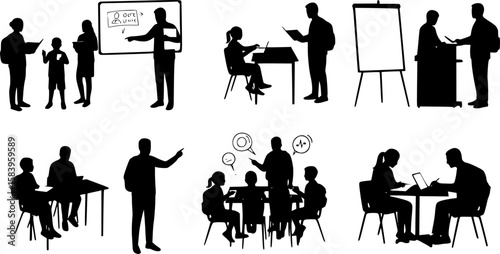 Set of teacher and student silhouette interactions, educational concept vector with children and adults in various learning scenes