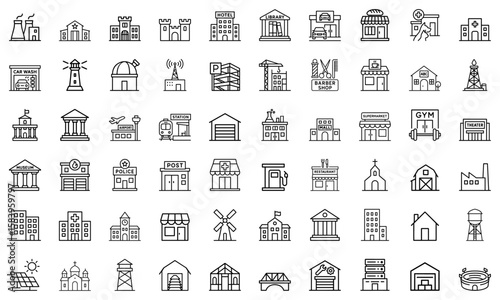 Building and architecture icons set in a clean line art style, containing house, office, bank, school, hotel, shop, university and hospital icons