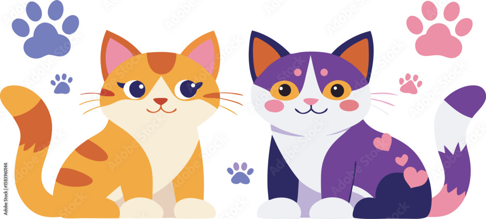 Fototapeta premium Two cute cartoon cats with paw prints isolated on a white background