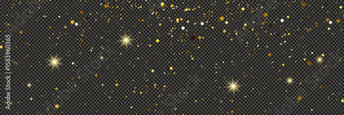Gold glittering dust with stars on transparent backdrop