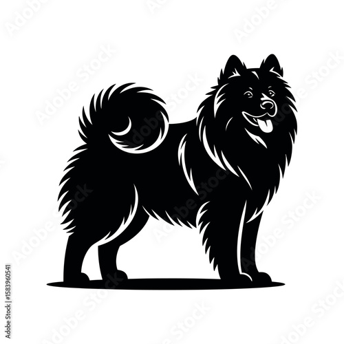 Black silhouette of a fluffy dog with curled tail black and white