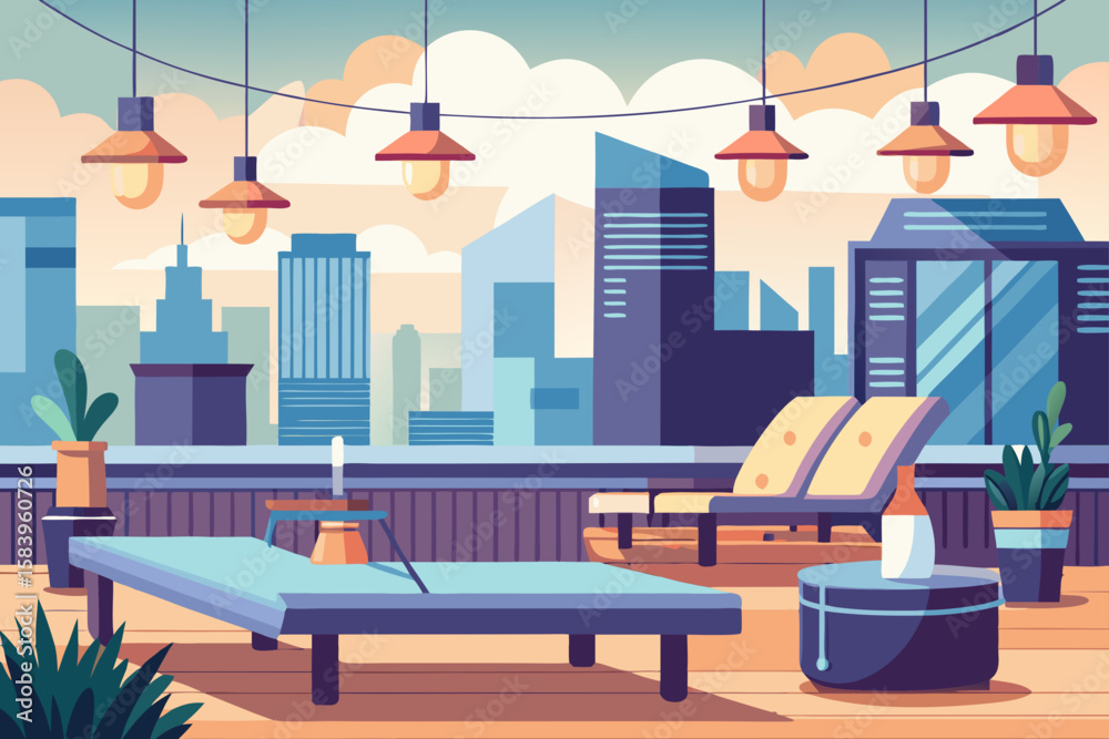 Fototapeta premium Clean Vector of a Modern Apartment Rooftop with Lounge Chairs