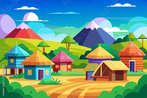 Colorful Flat Style Traditional Village Huts