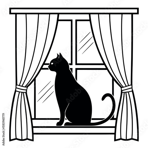 Black cat silhouette sitting on windowsill with curtains