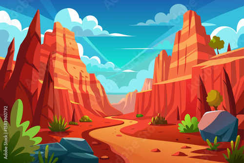 Flat Cartoon Canyon Scene with Sharp Red Rocks