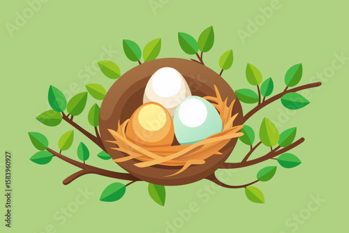 Flat Vector of a Bird Nest with Eggs on a Branch