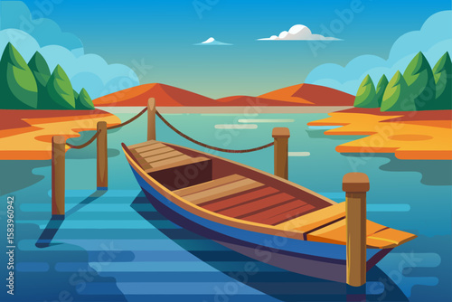Flat Vector of a Boat Tied at a Wooden Dock