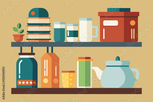 Flat Vector of a Clean Kitchen Shelf with Cups and Jars
