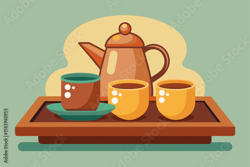 Flat Vector of a Ceramic Tea Set on a Wooden Tray