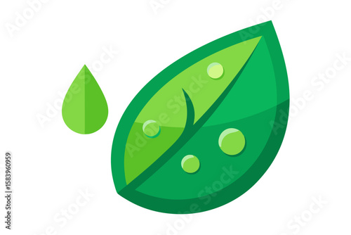 Flat Vector Close Up of a Green Leaf with Raindrops