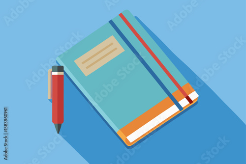 Flat Vector of a Closed Notebook with a Pen on a Desk