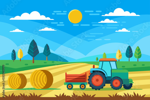 Flat Vector of a Countryside Field with a Tractor and Haystack