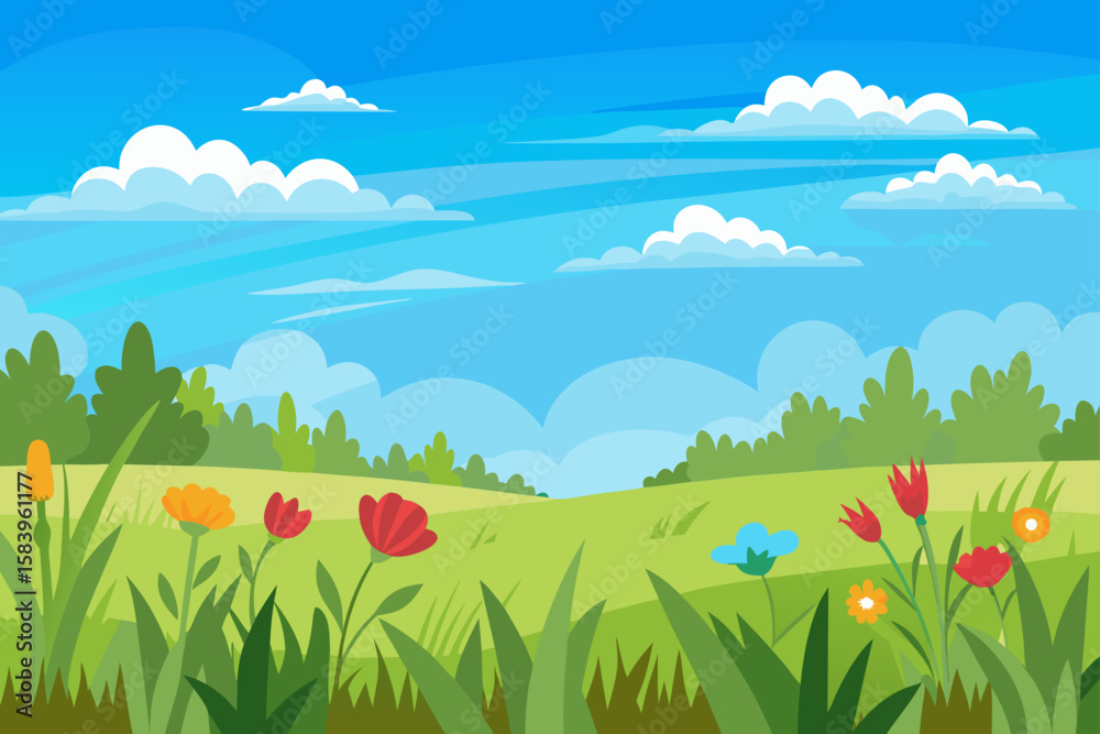 Fototapeta premium Flat Vector of an Open Grassy Field with Wildflowers