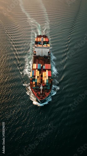 Overhead drone shot of a heavy laden cargo ship 