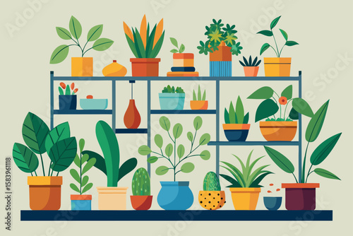 Flat Vector of an Indoor Plant Shelf with Various Potted Plants