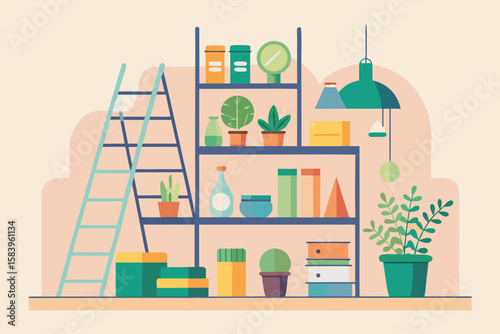 Flat Vector of a Ladder Shelf with Indoor Decor Items