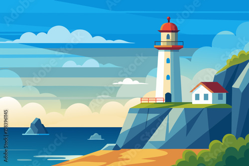 Flat Vector of a Lighthouse Near an Ocean Cliff