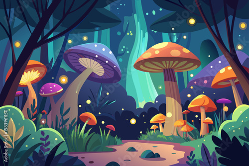Flat Vector of a Magical Forest with Glowing Mushrooms