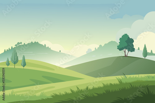 Flat Vector of Morning Mist Over a Grassy Hill