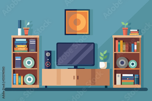 Flat Vector of a Modern TV Unit with Books and Speakers