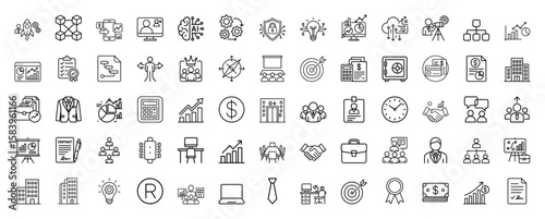 Corporate business icons set in a minimalist line art style, in black and white, representing finance, strategy, and teamwork for web and presentation design