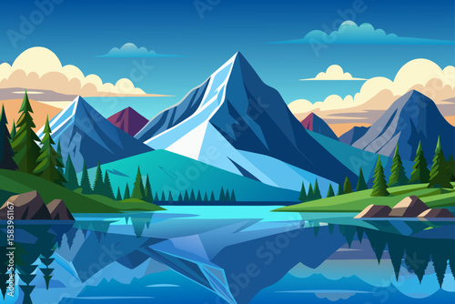 Flat Vector Mountain Landscape with a Clear Lake Reflection