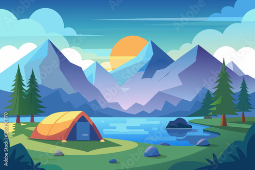 Flat Vector Mountain Tent Beside a Lake in the Early Morning