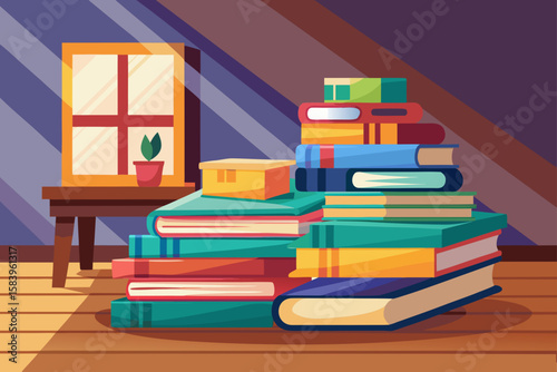 Flat Vector of Stacked Books on a Wooden Floor