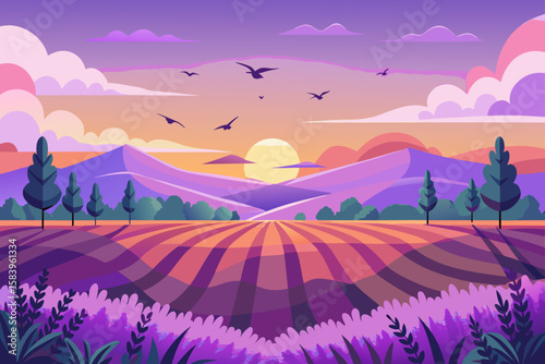 Flat Vector of a Sunset Over Rolling Lavender Fields