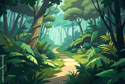 Flat Vector of a Trail Through a Dense Green Jungle