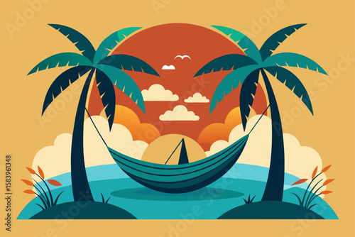 Flat Vector of a Tropical Island with a Hammock and Waves