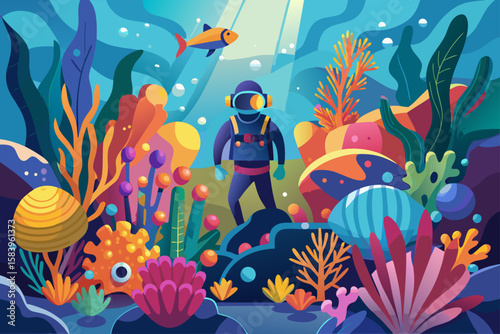 Flat Vector of an Underwater Scene with a Scuba Diver