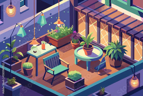 Isometric Urban Balcony Garden with Hanging Planters