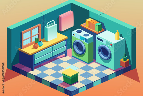 Isometric Indoor Laundry Room with a Washing Machine