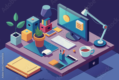 Isometric Indoor Workspace with a Graphic Tablet and Coffee